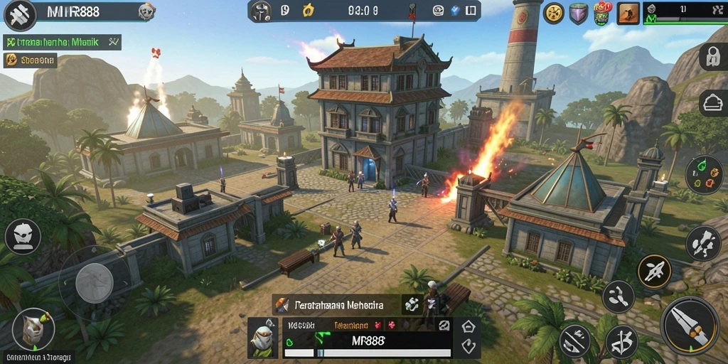 Screenshot utama MR888 menampilkan aksi seru pertahanan menara.