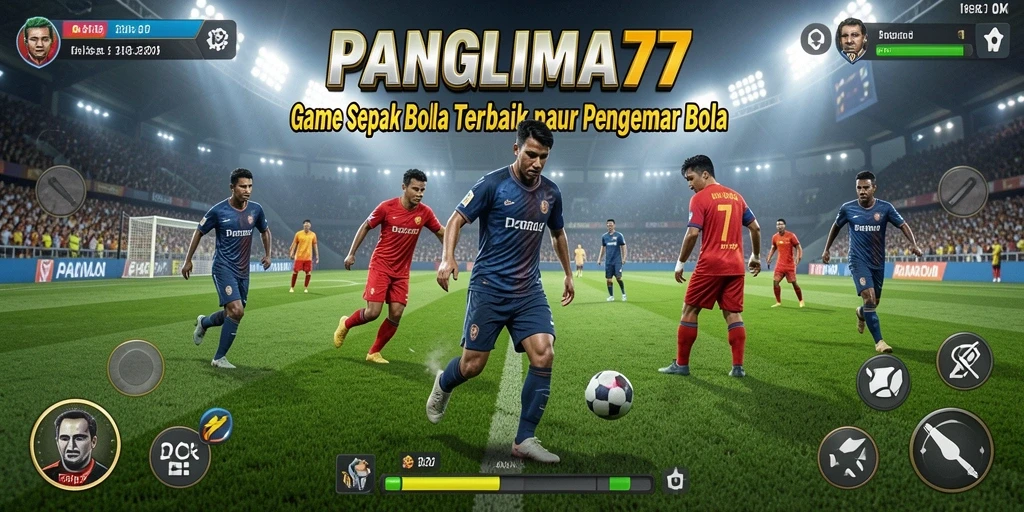 Tangkapan layar utama <strong>PANGLIMA77</strong> menampilkan aksi seru di lapangan sepak bola.