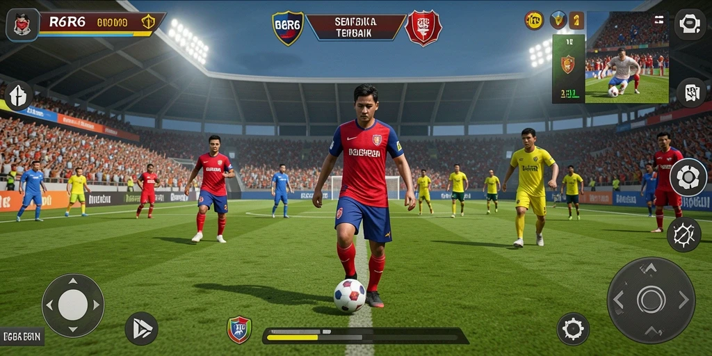 Screenshot gameplay R6R6 yang menunjukkan aksi sepak bola yang mendebarkan.