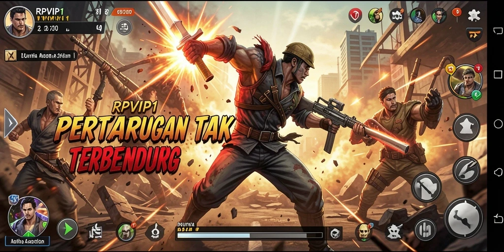 Tangkapan layar utama RPVIP1 menunjukkan pertarungan action yang intens.