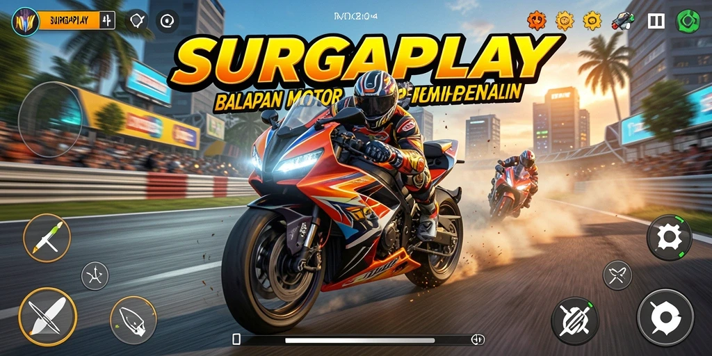 Tampilan gameplay SURGAPLAY dengan aksi balapan motor yang seru.