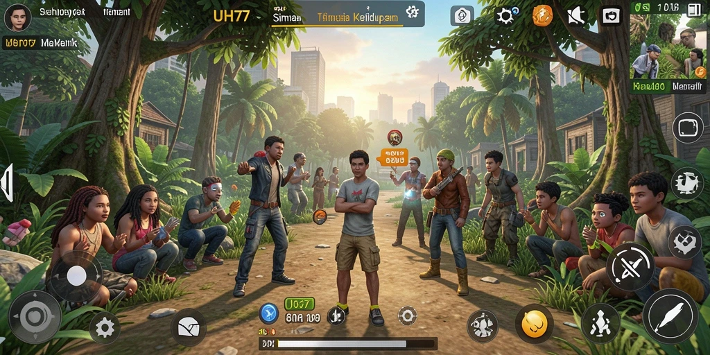 Gameplay UH77 yang menunjukkan interaksi karakter dalam simulasi kehidupan.